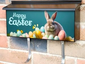 Cute Rabbit With Fancy Colorful Easter Eggs On Grass Townhouse Mailbox Cover