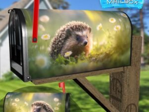 Baby Hedgehog In Spring Green Grass With Flowers Decorative Rural Farm Mailbox Cover