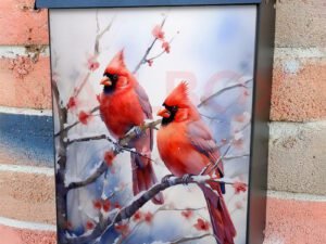 Watercolor Impressionist Painting Of Cardinals Depicting Colonial Mailbox Cover