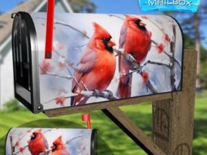 Watercolor Impressionist Painting Of Cardinals Depicting Decorative Rural Farm Mailbox Cover
