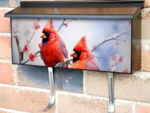 Watercolor Impressionist Painting Of Cardinals Depicting Townhouse Mailbox Cover