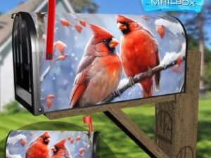 Watercolor Impressionist Painting Of Cardinals Depicting 2 Decorative Rural Farm Mailbox Cover