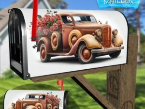 Brown Vintage Truck With Flowers 3D Decorative Rural Farm Mailbox Cover