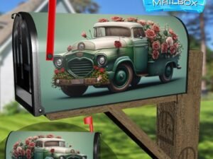 Blue and Green Vintage Truck With Flowers 3D Decorative Rural Farm Mailbox Cover