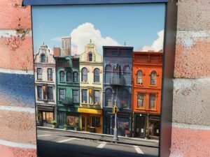 Vibrant City Skyline Modern Buildings Colorful Row Houses Colonial Mailbox Cover