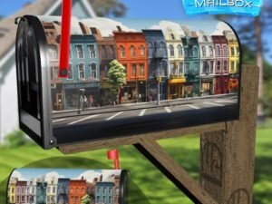Vibrant City Skyline Modern Buildings Colorful Row Houses Decorative Rural Farm Mailbox Cover