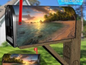Tropical Island with Palm Trees in the Ocean at Sunset 2 Decorative Rural Farm Mailbox Cover