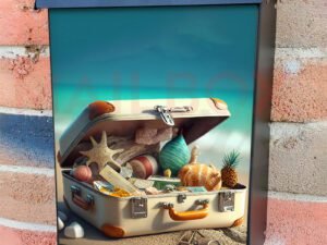 Travel Suitcase With Travel Stuff On The Beach 3D Colonial Mailbox Cover