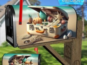 Travel Suitcase With Travel Stuff On The Beach 3D Decorative Rural Farm Mailbox Cover
