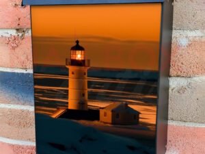 Sunset Over Winter Coastline Illuminated Lighthouse Colonial Mailbox Cover