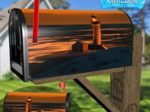Sunset Over Winter Coastline Illuminated Lighthouse Decorative Rural Farm Mailbox Cover