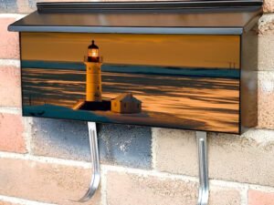 Sunset Over Winter Coastline Illuminated Lighthouse Townhouse Mailbox Cover