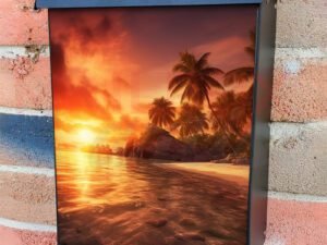 Ocean Beach Scene Of Tropical Coastline Palm Trees at Sunset Colonial Mailbox Cover