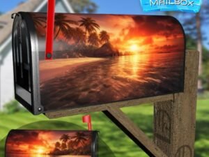 Ocean Beach Scene Of Tropical Coastline Palm Trees at Sunset Decorative Rural Farm Mailbox Cover