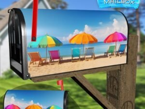 Colorful Summer Chairs And Umbrellas On Tropical Sea And Sandy Beach Decorative Rural Farm Mailbox Cover