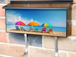 Colorful Summer Chairs And Umbrellas On Tropical Sea And Sandy Beach Townhouse Mailbox Cover