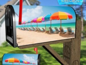 Colorful Summer Chairs And Umbrellas On Tropical Sea Palm Trees And Sandy Beach Decorative Rural Farm Mailbox Cover
