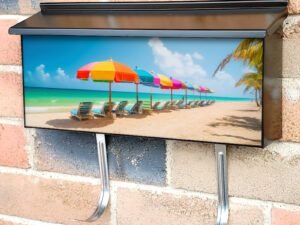 Colorful Summer Chairs And Umbrellas On Tropical Sea Palm Trees And Sandy Beach Townhouse Mailbox Cover