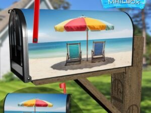 Summer Chairs And Umbrellas On Tropical Sea Palm Trees And Sandy Beach Decorative Rural Farm Mailbox Cover
