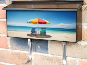 Summer Chairs And Umbrellas On Tropical Sea Palm Trees And Sandy Beach Townhouse Mailbox Cover