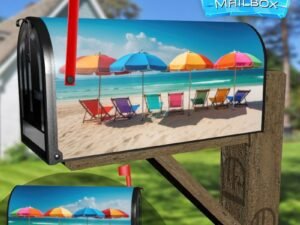 Summer Chair And Umbrella On Tropical Sea And Beach Decorative Rural Farm Mailbox Cover