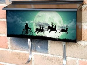 Silhouette Of Santa Claus Riding Over The Full Moon Townhouse Mailbox Cover