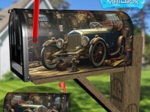 Retro Veteran Car In The Garage Decorative Rural Farm Mailbox Cover