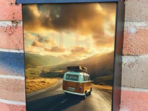 Retro Van In Mountain Landscape Road Trip Colonial Mailbox Cover