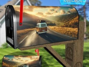 Retro Van In Mountain Landscape Road Trip Decorative Rural Farm Mailbox Cover