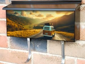 Retro Van In Mountain Landscape Road Trip Townhouse Mailbox Cover