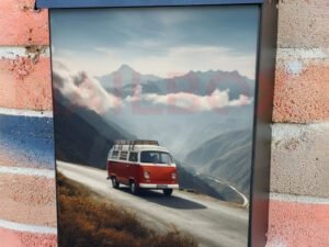 Retro Van In Mountain Landscape Road Trip 2 Colonial Mailbox Cover