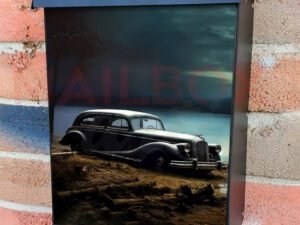 Retro Old Car On The Shore Of The Lake At Sunset Colonial Mailbox Cover