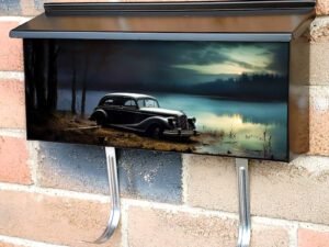 Retro Old Car On The Shore Of The Lake At Sunset Townhouse Mailbox Cover