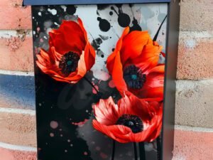 Red Poppies And Splashes Of Paint On Black Colonial Mailbox Cover