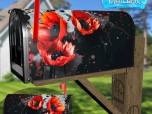 Red Poppies And Splashes Of Paint On Black Decorative Rural Farm Mailbox Cover