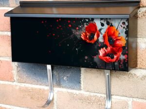 Red Poppies And Splashes Of Paint On Black Townhouse Mailbox Cover