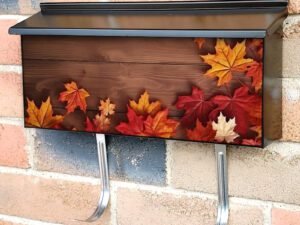 Red and Orange Maple Leaves On The Wooden Table Townhouse Mailbox Cover