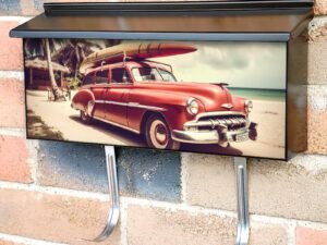 Old Car With Surf Board with Palm Trees Townhouse Mailbox Cover