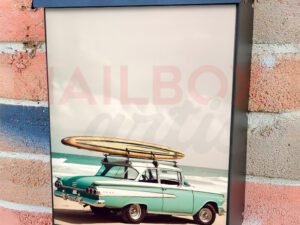 Old Car With Surf Board on Sandy Beach Colonial Mailbox Cover