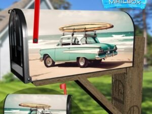 Old Car With Surf Board on Sandy Beach Decorative Rural Farm Mailbox Cover