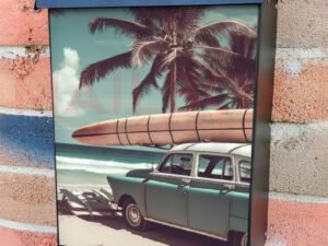 Old Car With Surf Board on Sandy Beach and Palm Trees Colonial Mailbox Cover
