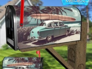 Old Car With Surf Board on Sandy Beach and Palm Trees Decorative Rural Farm Mailbox Cover