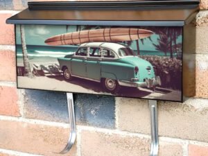Old Car With Surf Board on Sandy Beach and Palm Trees Townhouse Mailbox Cover