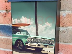 Old Car With Surf Board on Sandy Beach 2 Colonial Mailbox Cover