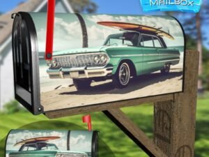 Old Car With Surf Board on Sandy Beach 2 Decorative Rural Farm Mailbox Cover