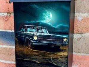 Old Car On The Shore Of The Lake At Sunset Colonial Mailbox Cover