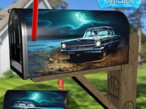 Old Car On The Shore Of The Lake At Sunset Decorative Rural Farm Mailbox Cover