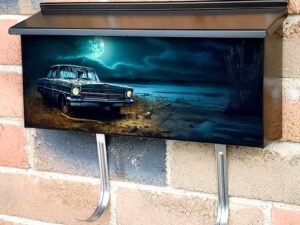 Old Car On The Shore Of The Lake At Sunset Townhouse Mailbox Cover