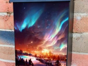 Colorful Northern Lights Over The Sea Snowy Mountains And City Colonial Mailbox Cover