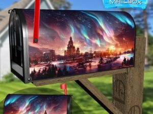 Colorful Northern Lights Over The Sea Snowy Mountains And City Decorative Rural Farm Mailbox Cover